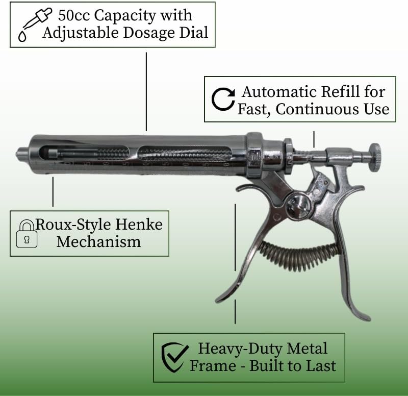 50cc Automatic Metallic Roux Type Veterinary Syringe – Adjustable Continuous Injector for Livestock, Henke-Style Design with Precision Dosage Wheel