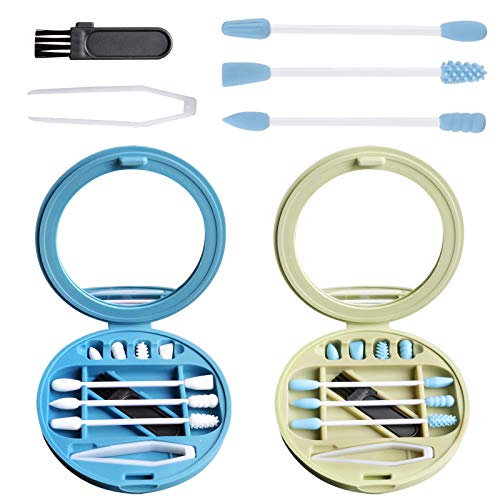 EBANKU 2 Boxes Reusable Silicone Cotton Swabs, Portable Q-Tip Swab 2 in 1 Cotton Swabs Set with Case and Cosmetic Mirrors for Makeup Application and Cleaning (Blue & Green)