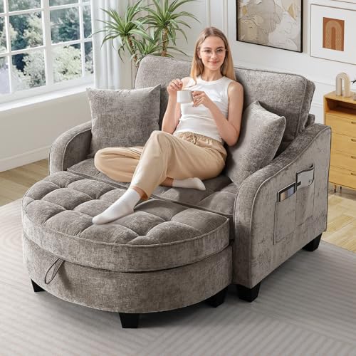 Oversized Chair and A Half, Chenille Tufting Accent Cozy Reading Sofa Chair with Storage Ottoman, Upholstered Loveseat Chaise Lounge Sofa with Adjustable Back for Living Room, Office, Sunroom, Brown