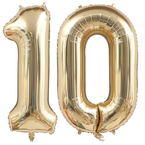 Image of Champagne Gold 10 Balloon Number,40 Inch Light Gold 10 Balloons Big Foil Mylar Helium Number 10 Balloon for Birthday Party Anniversary Decorations