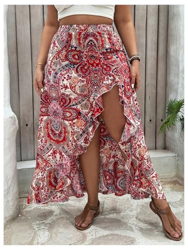 Women's Plus Size Graphic Boho Midi Skirts Ruffle Asymmetrical Flowy Beach Vacation Skirt4