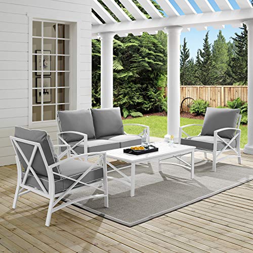 Crosley Furniture Ko60009Wh-Gy Kaplan Outdoor Metal 4-Piece Seating Set (Loveseat, 2 Arm Chairs And Coffee Table), White With Gray Cushions #TOP6