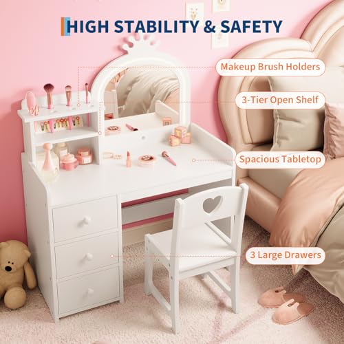 GarveeHome Kids Vanity Desk with Mirror and Lights, White Princess Wooden Makeup Vanity with Chair, Storage Shelves and Drawers, 2-in-1 Girls Dressing Table by GarveeHome - Image 3