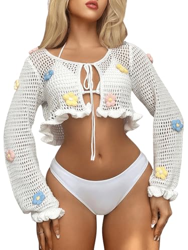 Milumia Women's Tie Crochet Long Sleeve Open Front Lightweight Knit Cropped Cardigan Sweaters Cover Up