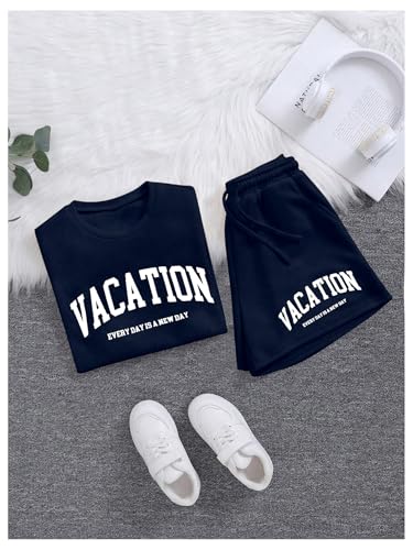 Image of Verdusa Girl's Tracksuit Sets 2 Piece Outfits Letter Print Vacation Tee Top and Drawstring Waist Shorts