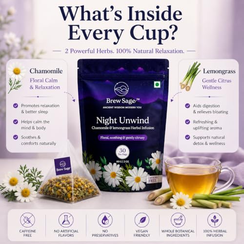 Image of BREW SAGE Night Unwind Herbal Tea | Chamomile & Lemongrass for SLEEP, STRESS RELIEF & RELAXATION | Caffeine & Sugar-Free Bedtime Tea for Good Sleep | Vegan, GMP Certified, 30 Tea Bags, Plant based