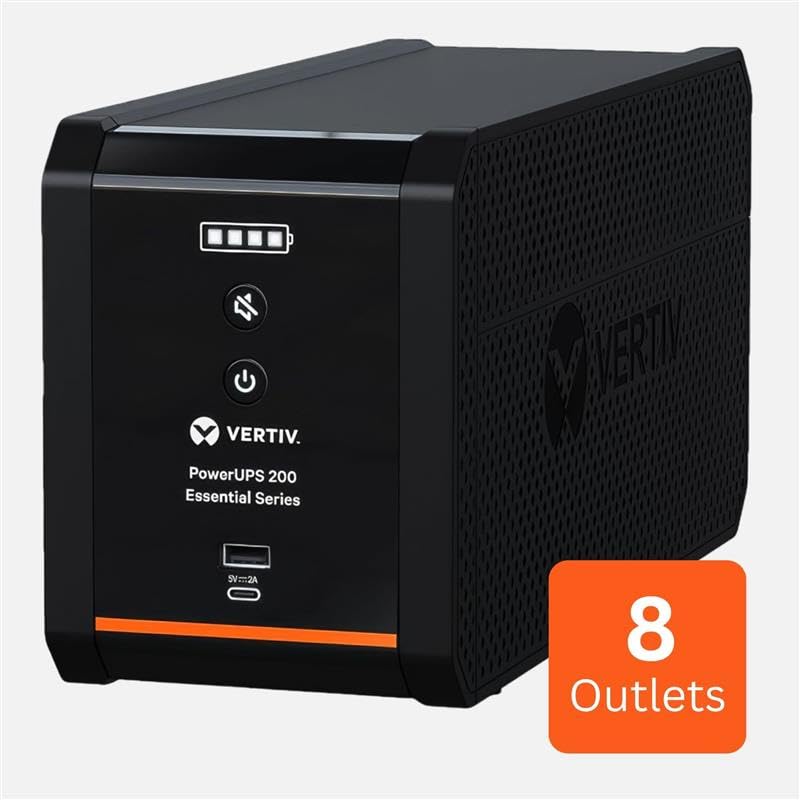 Image of Vertiv Liebert PowerUPS 200 Essential, PSA6E-1500LVT, Line Interactive UPS 1440VA /850W, Battery Backup & Surge Protector, AVR, 8 Outlets, USB C+A Charging, 3 Year Warranty