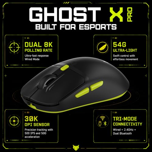 Image of EvoFox Ghost X Pro Tri-Mode Wireless Gaming Mouse with RGB Charging Dock, 54g Ultra-Lightweight, 30,000 DPI Instant S312 Sensor, 8000Hz Polling, 100M Huano Switches, Dual Bluetooth, 2.4GHz, Wired