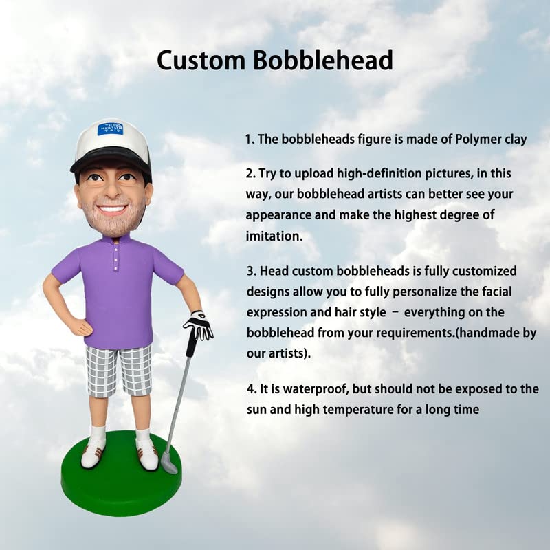Figuras Bobble-Heads de hombre golfista con camiseta púrpura, muñecas personalizadas, figuras a medida, regalo de cumpleaños hecho a mano para papá, amigo, empresario, colega