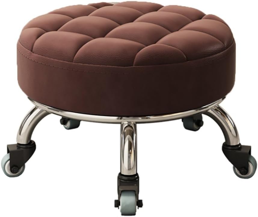 Heavy-Duty Low Roller Stool with 360° Swivel Wheels, Ottoman Footstool Low-Height Short Rolling Stool Seat PU Leather Small Mechanic Chair Rolling Stools for Garage, Shop, Library Orange