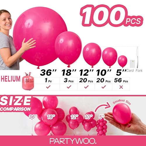 Image of PartyWoo Hot Pink Balloons 100 pcs Different Sizes of 36 18 12 10 5 Inch Magenta Fuchsia Dark Pink Balloon Arch Kit Garland for Valentine's Day Baby Shower Princess Birthday Party Decorations Pink-Y12