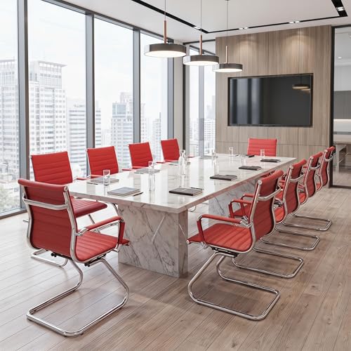 Image of HNY Leather Office Guest Chairs & Reception Chairs Set of 10, Modern Waiting Room Chairs with Arms, Desk Chair no Wheels with Sled Base for Waiting Room /Conference Room, Burgundy