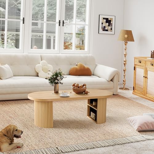 Image of Oval Fluted Coffee Table, 47 inch Farmhouse Wood Coffee Table Mid Century Modern Center Table Boho Living Room Tables for Living Room Office,Natural
