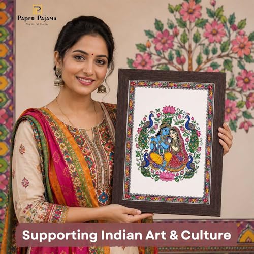Image of PAPER PAJAMA Radha Krishna Wall Art for Living Room | Madhubani Love & Devotion Painting | Traditional Mithila Folk Art Framed Decor for Home, Bedroom & Office (10x13 Inches)