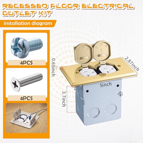 Image of Brass Recessed Floor Outlet Box, UL Listed Low Profile Hidden Flip-Up Floor Outlet with Watertight Gasket, 20A Tamper Resistant Receptacle for Living Room, Home Office, Conference Room