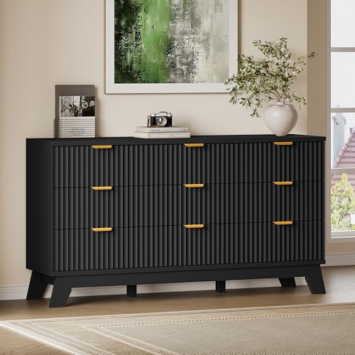 Image of BORNOON Fluted 9 Drawer Dresser, 57.1 inch Wide Modern Boho Chest of Drawers, Wooden Storage Dresser TV Stand for Bedroom, Living Room, Closet, Hallway, Curved Profile Design
