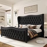 HOSTACK King Bed Frame, 55' Headboard Upholstered Bed with Tall Footbaord, Velvet Handmade Pleats Deep Button Tufted Wingback Platform Bed, No Box Spring Required/Wood Slat Support/Black