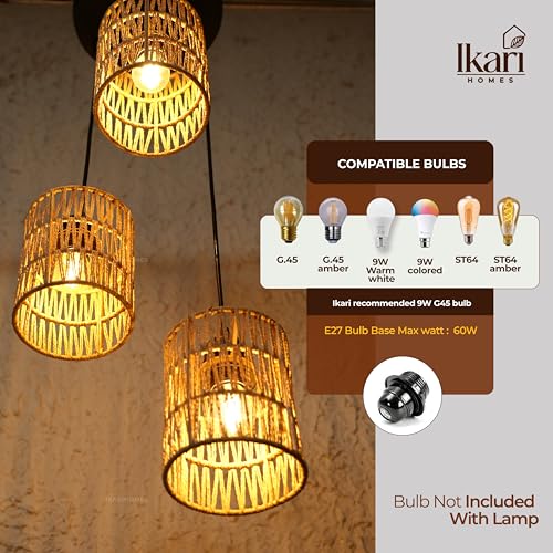 Image of Ikari Homes Rattan Chandelier 3 in1 Pendant Light, Natural Beige, Boho Style, E27 Base, Chandelier for living Room I Dining I Bedroom I Balcony I Adjustable Wire - (Bulbs not included) (Zig Zag Plain)