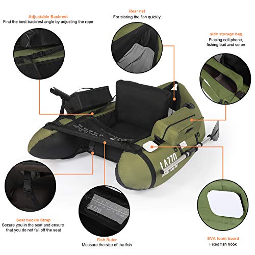 LAZZO Inflatable Fishing Float Tube with Hand Air Pump, Hold up to 286lb, Flotation Boat Includes Storage Pocket, Step in Fins,Inflate Seat & backrest, Rod Holder and Rack, Oar,Fish Ruler, Green - Thumbnail 6