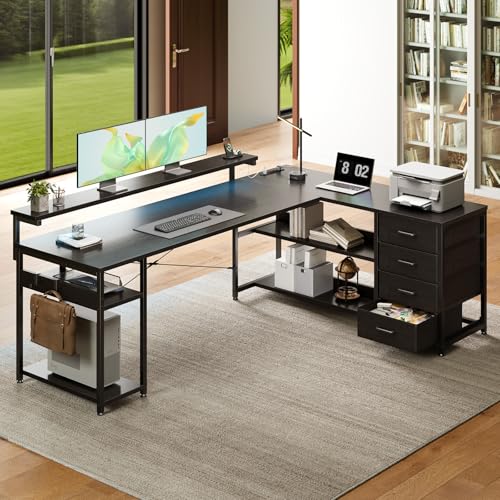 Image of AODK 69 inch L Shaped Computer Desk with 4 Drawers, LED Lights, Black