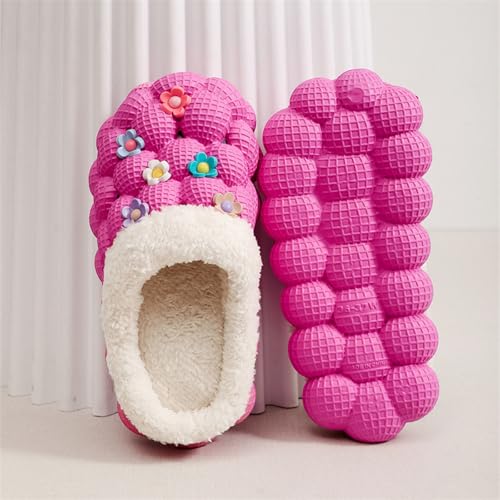 ZSpzx Women Cotton Slippers Bubble Slides Plush Fluffy Lining Thick Sole Flower Decoration Cute Memory Foam Anti-Slip Shoes Comfortable Indoor Wear-Resistant Winter Warm House Shoes3