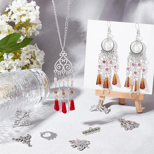 SUNNYCLUE 1 Box 54Pcs 9 Style Chandelier Connector Charms Component Links Alloy Hollow Filigree Pendants Flat Round Teardrop Triangle Shape for Jewellery Making Earring Supplies,Antique Silver - Image 4