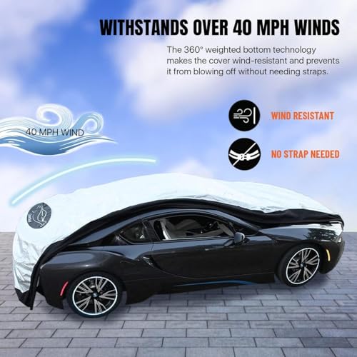 Image of Heavy Duty Outdoor Car Cover with Patented Weighted Ground Conforming Apron Seal - Wind Resistant, Dust, & Water Protection for Automobiles - Large Size 215 L x 75 W x 67 H inch Max