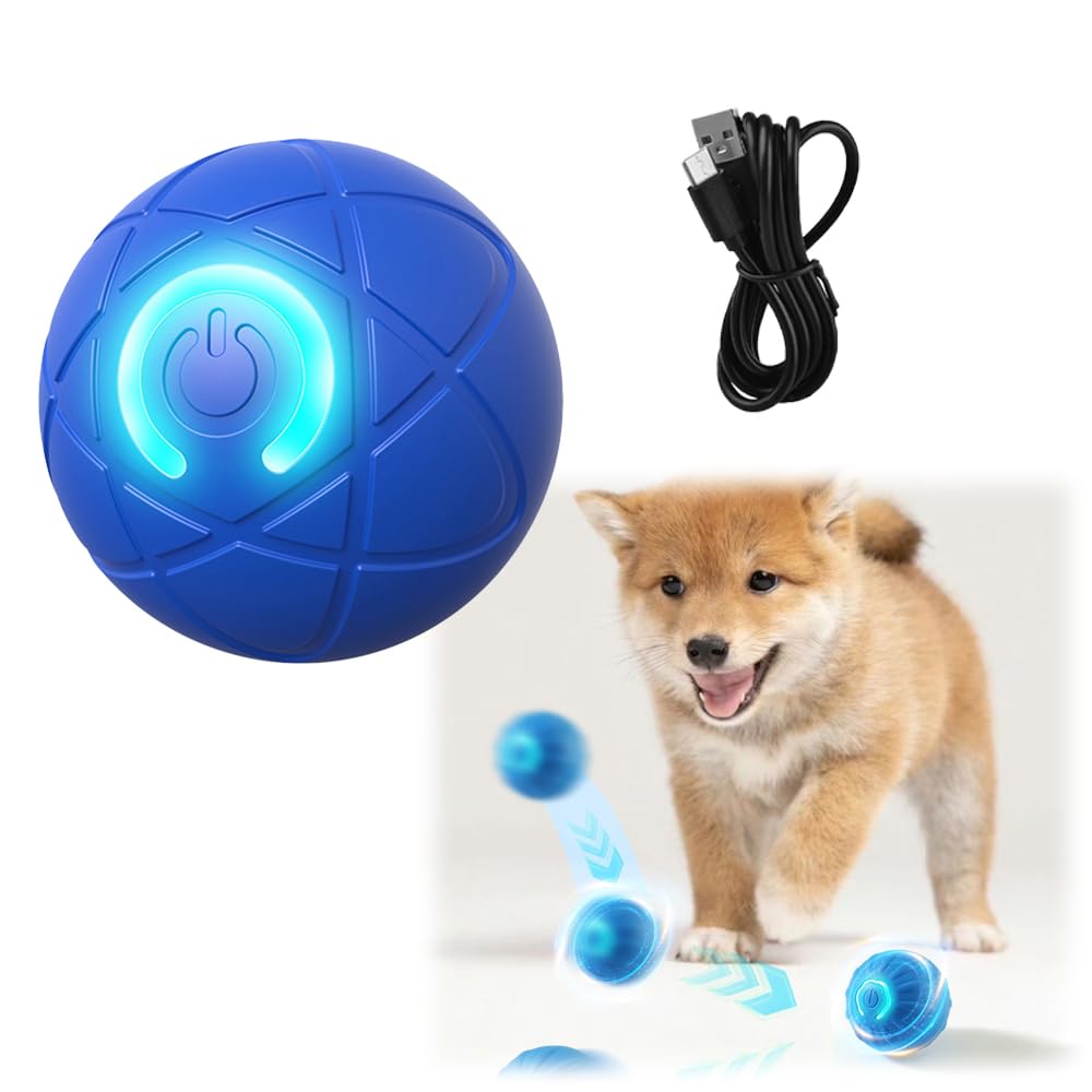 NYXIFYLO Interactive Dog Ball - Automatic Moving Wiggle Ball Dog Toy with LED Light, Rechargeable and Bite-Resistant Design for Pets (Blue)