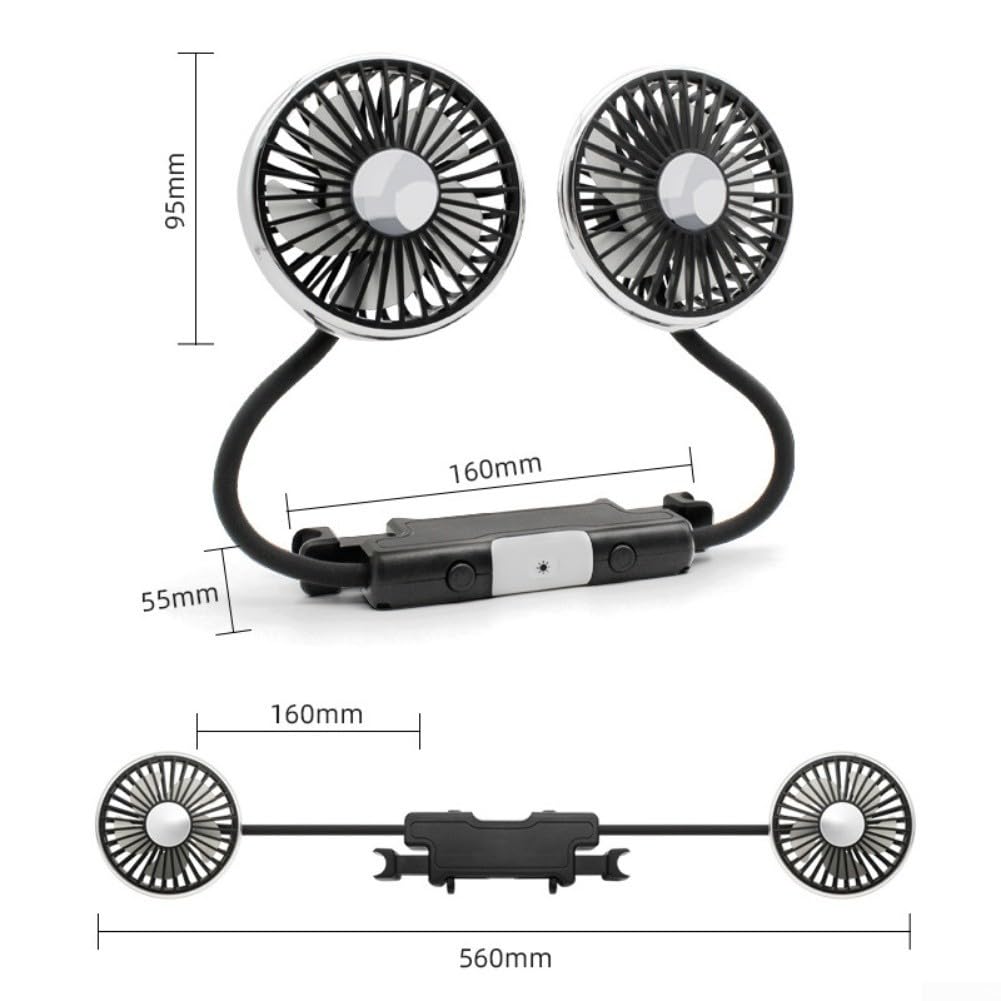 Ventilador de coche de doble cabeza, 3 velocidades alimentadas por USB, rotación de 360 °, iluminación ajustable para refrigeración por aire del asiento trasero en el vehículo