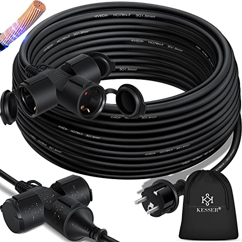 KESSER® Verlängerungskabel 25m Mehrfachstecker mit 3 x Schuko Stecker mit Schutzkappe - Outdoor - für Innenbereich Außenbereich - Verlängerung Verteilerkabel – 230 V IP44 - Baustellenkabel Stromkabel