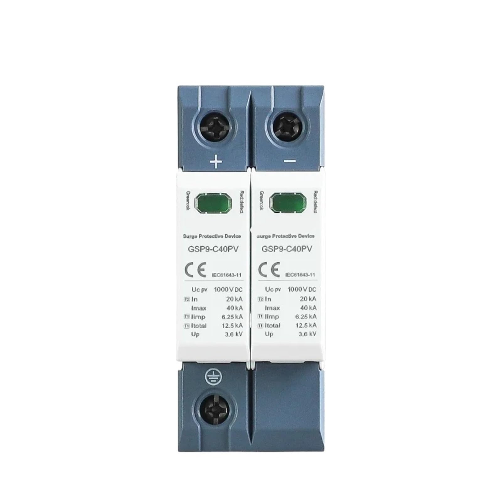 Protector contra sobretensiones y pararrayos GSP9 2P - Protector contra sobretensiones for energía solar fotovoltaica, de bajo voltaje, for carril DIN, CC 600 V, 1000 V, 20 KA-40 KA(2P 1000VDC)