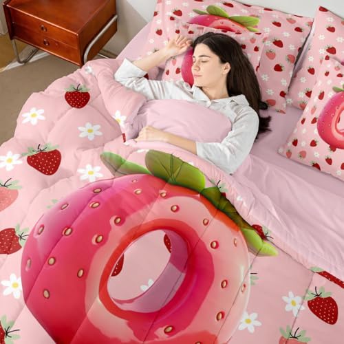 Image of Feelyou Girls Pink Red Strawberry Comforter Set with Sheets 7 Piece Full Size Initial Letter O Bed in a Bag Kids Boys Girls Princess Strawberry Bedding Set Bedroom Decor