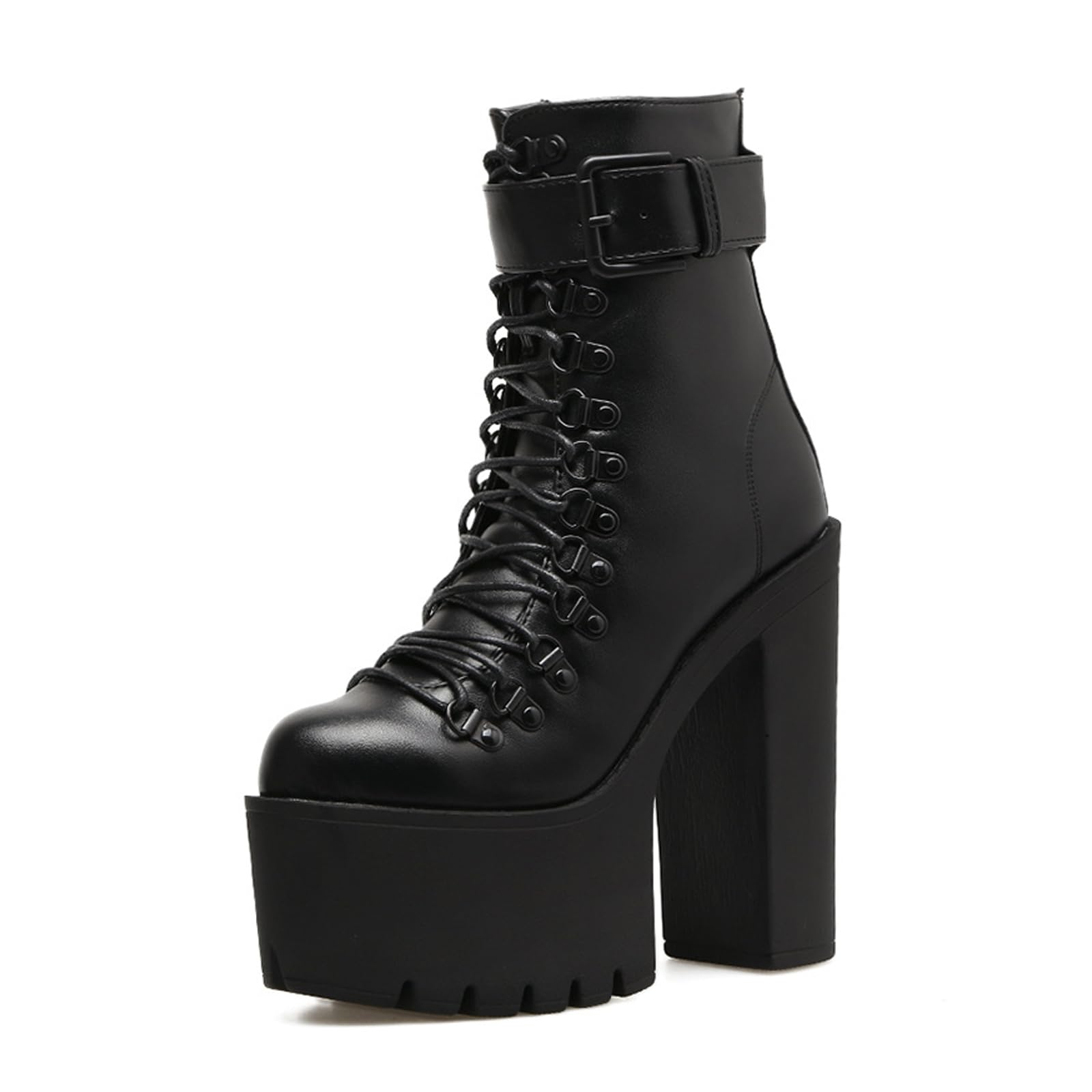 Womens Black Chunky High heeled Combat Short Boots with Lace-Up Fashion Belt Buckle Platform Lug sole Non-Slip Block