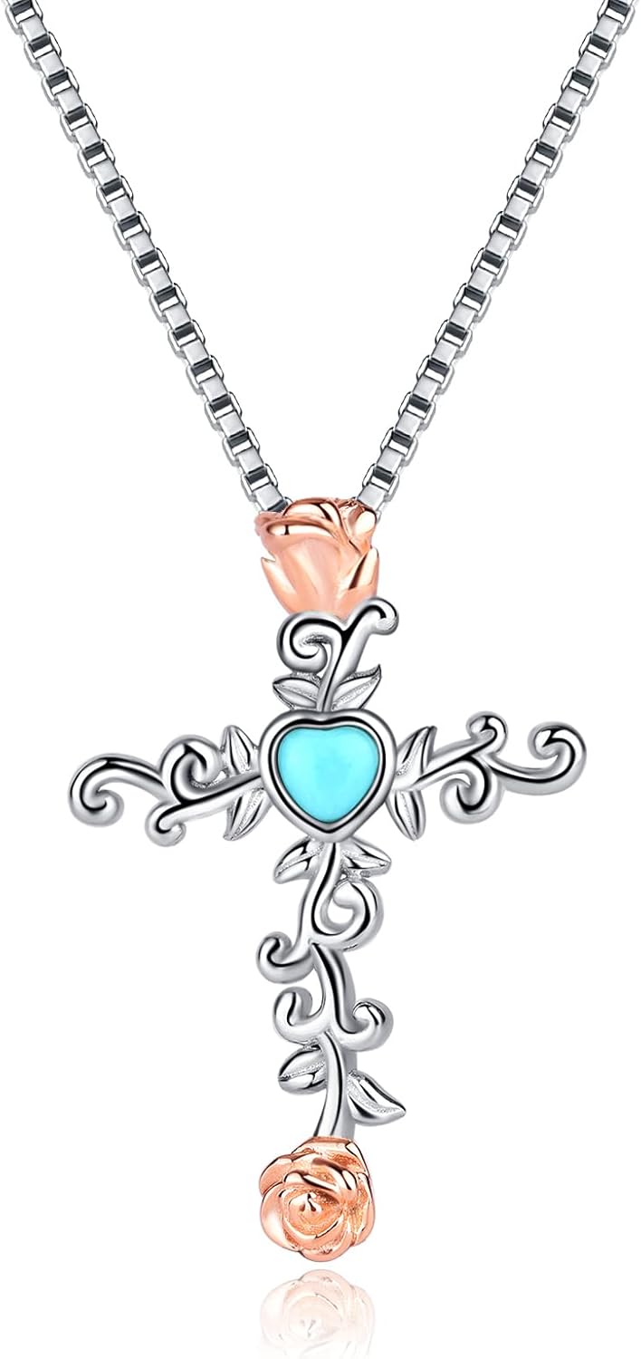 Western Cross Necklace Pendant for Women - 925 Sterling Silver Heart Turquoise Jewelry Rose Cross Necklaces Western Style Cowgirl Gift Gothic Pendant