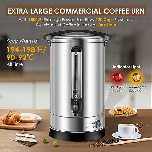 Image of Commercial Coffee Urn, 120 Cup Extra Large Hot Water Urn, 18L Silver Double Wall Stainless Steel Large Coffee Urns, 1500W Quick Brew Commercial Coffee Percolator Electric for Gatherings
