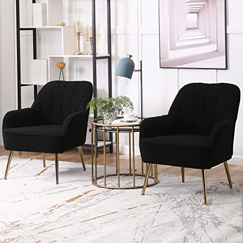 Luckhao Modern Accent Chair Set Of 2,Teddy Furry Comfy Upholstered Armchair Sherpa Cozy Single Sofa Chairs With Gold Metal Legs For Living Room,Reading,Bedroom,Office(Black) #TOP12