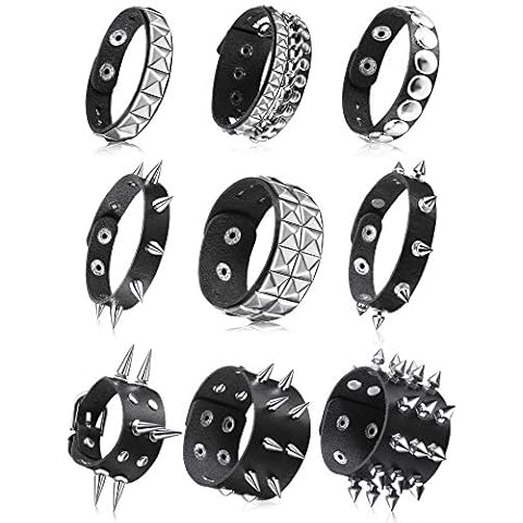 Hicarer 9 Pieces Spiked Studded Bracelet Black Leather Rivet Punk Bracelet Cuff Wrap Bangle Snap Button Metal Wristband for Men Women (Classic Style) Cover