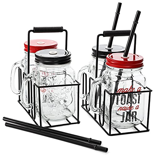 ZEAYEA Set of 4 16oz Mason Jar with Lids and Straws, Wide Mouth Glass Mason Jar with Handle, Old Fashion Mason Mug with Metal Caddy Holder for Iced tea, Coke, Water, Party or Daily Use