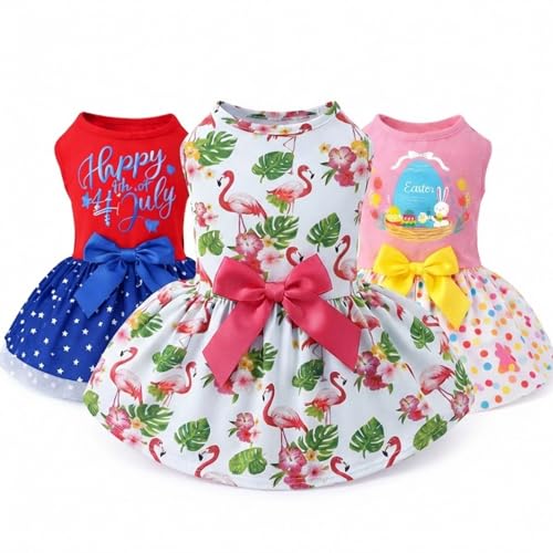 Abbylike 3 Pcs Seasonal Dog Outfits Summer 4th of July Pet Costume Cotton Holiday Puppy Dress Lightweight Pet Apparel with Bowknot for Large Medium Dog Clothing, Medium