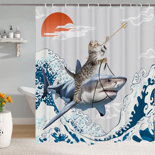 Image of Funny Cute Cat Shower Curtains,Japan Cat Shark with Ocean Sea Wave Shower Curtain for Bathroom,Japanese Cool Fabric Shower Curtain Set with Hooks Bath Decoration 72X72inches