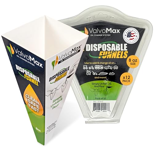 ValvoMax Disposable Funnels 12-Pack (8oz) Glossy Cardstock Paper Funnels for Oil Changes Automotive Fluids Coolant and Household Liquids