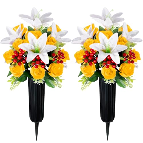 Artificial Cemetery Flowers with Vase, Set of 2 Rose Lily Bouquet Graveside Decoration, Artificial Memorial Flowers for Easter Mother's Day Arrangements (Yellow) image 7