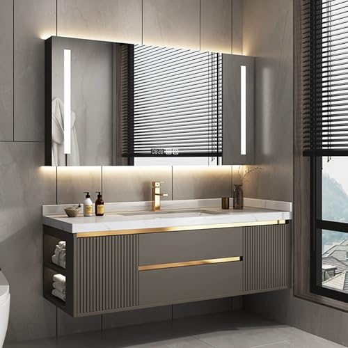Tocador de baño flotante con fregadero, armario de almacenamiento y espejo LED inteligente para decoración moderna del hogar