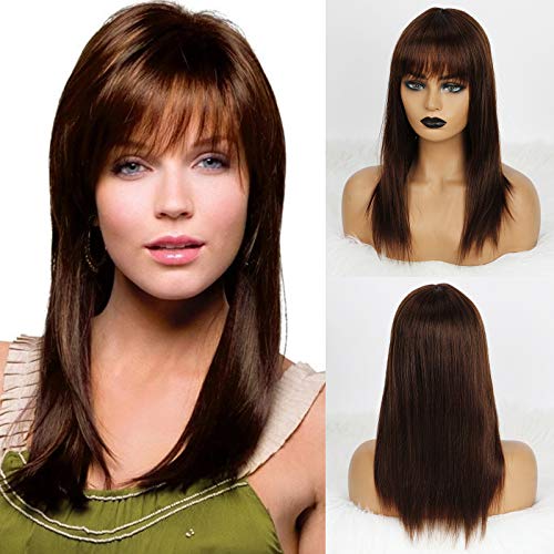 Emmor Long Brown Human Hair Wig for Women,Natural 20 Inch Real Hair Wigs with Bang Straight Style, Daily Use/Long Life/Lightweight/Can Be Colored (4#)