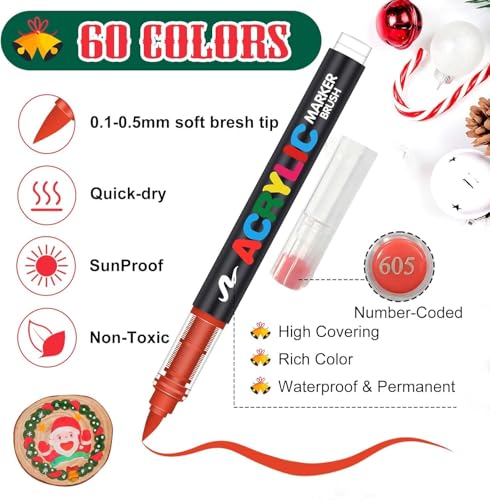 Image of Acrylic Paint Markers Brush Tip, Vivid Colors with Direct-Liquid Ink System, Professional-Grade Paint Pen for Rock Painting, Canvas, Glass, Plastic, Fabric & Creative Crafts (60 Pieces)