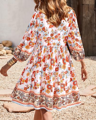 Image of BTFBM Women Casual Spring Summer Dresses V Neck 3 /4 Long Sleeve Ruffle Floral Flowy Boho Babydoll Mini Short Beach Dress