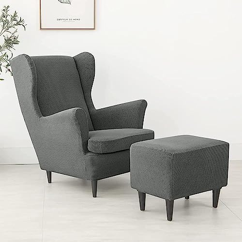 Funda elástica para sillón orejero extraíble que cubre otomana gris oscuro 4