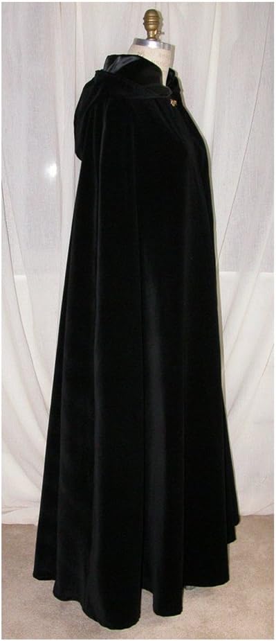 Black Velvet Hooded Cloak Fully Lined in Black Satin with Gold Clasp - Medium-Large - Full Length