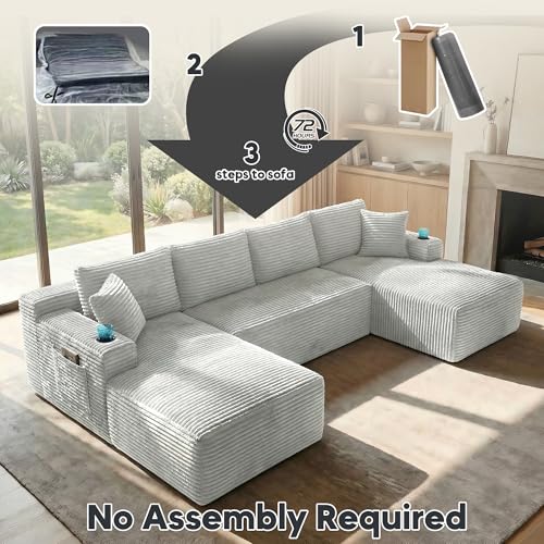 Image of 125 Inch Modular Sectional Sofa, Cloud Couch Oversized U Shaped Corduroy Sofa with Storage & Cupholders, Modern Deep Seat Boneless Couches for Living Room, No Assembly Required, Light Grey