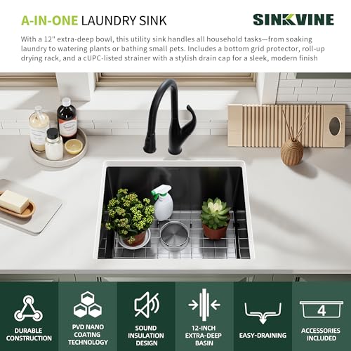 Image of 24-inch Black Undermount Laundry Utility Sink, Stainless Steel | 24x18x12 Extra Deep Single Bowl for Laundry, Garage and Outdoor Kitchen with Grid, Strainer and Drying Rack, Nano PVD Finish